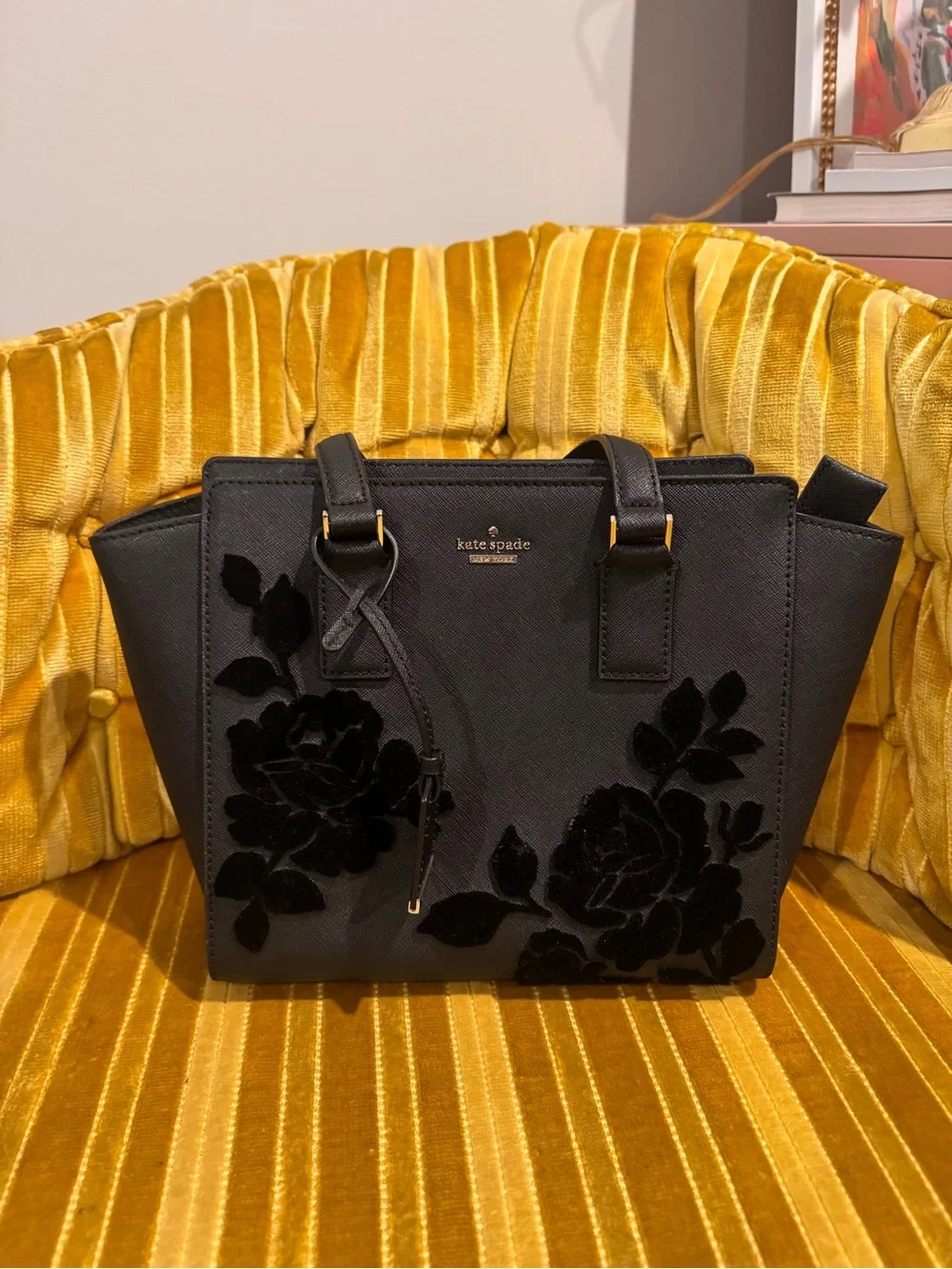 kate spade Black Velvet Floral Appliqué Tote
